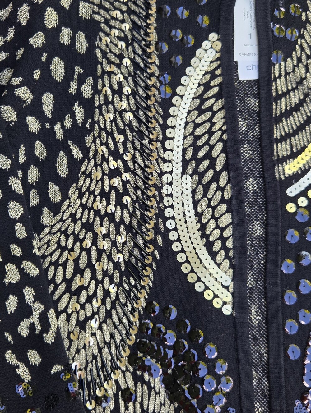 NWT Chico's Cardigan Sweater Black & Gold Sequin Metallic Open Front Size-1(M) - Picture 6 of 14